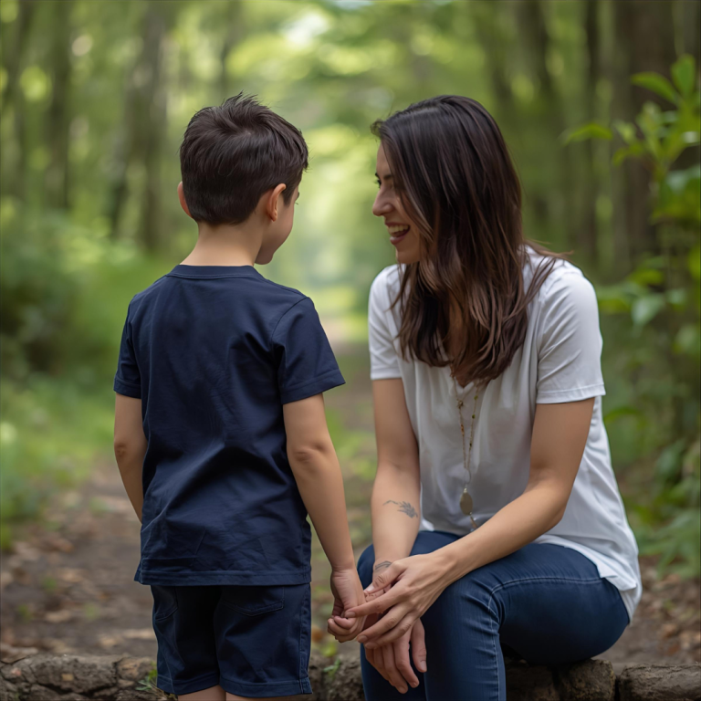 * year old boy wearing navy t shirt, talking with lady in white tshirt. They are in a woodland, and she is bending down to engage with the boy.